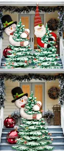Detail of plush Snowman and Santa Claus tree toppers on a decorated outdoor Christmas tree