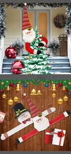 Detail of plush Santa and Snowman tree huggers with festive embroidery for Christmas decor