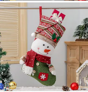 Detailed view of 3D snowman Christmas stocking with festive green knit texture and decor