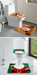 Close-up of Santa and Reindeer themed toilet cover set with embroidery for Christmas