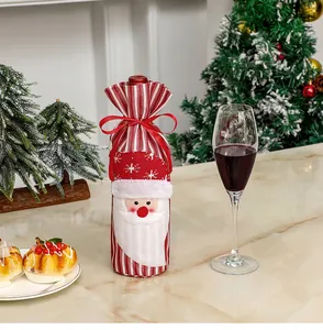 Detailed view of striped wine bottle cover with 3D Santa Claus and red ribbon bow