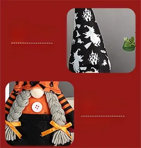 Dettaglio cappello gnomo Halloween con silhouette di streghe e texture a righe arancio