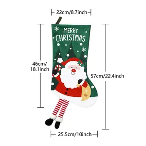 Green Merry Christmas stocking with long striped legs and Santa Claus hanging decoration