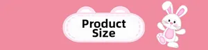 Pink Banner showing product size info with cute white cartoon bunny graphics