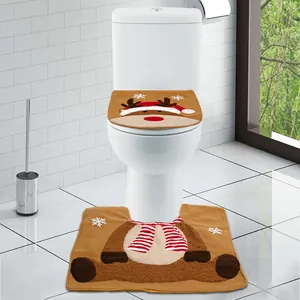 2-piece brown reindeer Christmas toilet seat cover and U-shaped rug bathroom decoration set