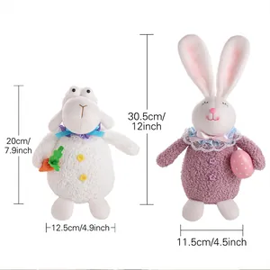 Size specifications for plush sheep with carrot and Easter bunny with spotted egg toy decor