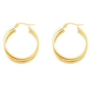 Three-layer gold plated interlocking hoop earrings for women with high polish finish