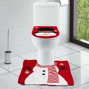 Christmas toilet seat cover and U-shaped rug set featuring festive snowman design in red