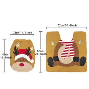 Christmas reindeer bathroom set with embroidered toilet cover and non-slip U-shaped mat