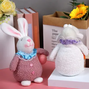 Plush Easter bunny and sheep figurines with lace collars for home party holiday decoration