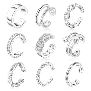 Set aus neun silbernen Zirkonia-Ohrmanschetten mit Kette, Stern und minimalistischem Design