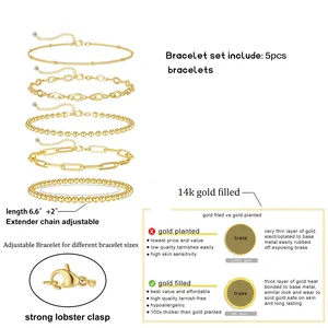 Juego de 5 pulseras de capas bañadas en oro de 14k con cierre de langosta ajustable