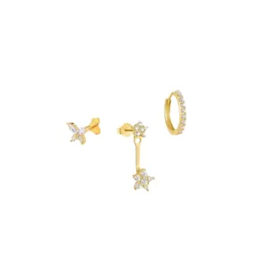 Ensemble de trois boucles d'oreilles en laiton doré avec étoiles et papillons
