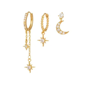 Three-piece gold-plated brass earring set featuring zircon stars and moon pendants