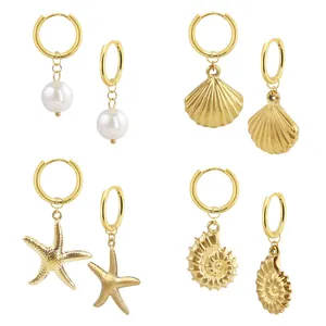 14K Gold Plated Brass Sea Star Shell Conch Artificial Pearl Hoop Earrings For Women Summer Beach Ocean Jewelry Accessory
