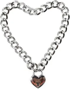 Polished silver heart padlock pendant on thick Cuban link chain in heart-shaped layout
