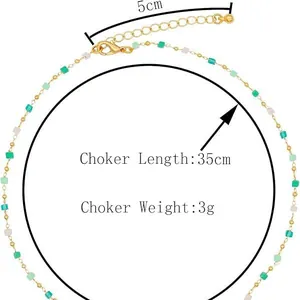 Collier ras du cou en laiton doré avec perles vertes et chaîne de rallonge 5cm