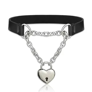 Close-up of black leather choker featuring heart padlock and silver metal chains