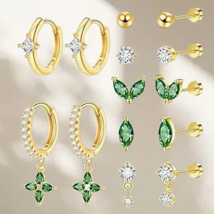 Luxus-Ohrring-Set aus vergoldetem Messing mit grünen Kleeblättern und weißen Zirkonia