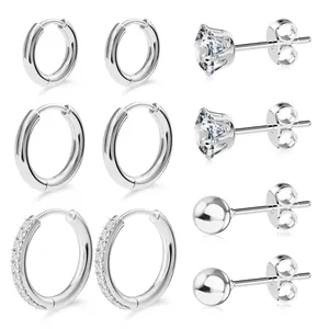 Set of 5 minimalist silver-plated earrings including hoops, zircon studs, and ball studs