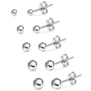 Set of five polished silver stud earrings in various sizes with butterfly backings