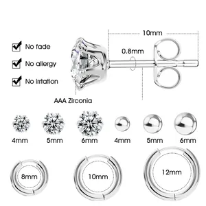 Polished silver brass earring set with AAA zircon studs and hoops in various sizes