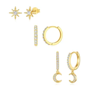 Three-piece gold plated brass earring set with zircon stars and moon pendants