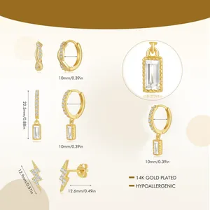 Set de pendientes de latón bañado en oro de 14K con aros trenzados, rayo y circonitas