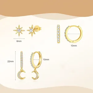 Three-piece gold plated brass earring set with zircon star and moon charms for women