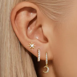 Minimalist 14K Gold Plated Brass Earring Set For Women Zirconia Inlaid Star Moon Hoop Earrings Jewelry Gift