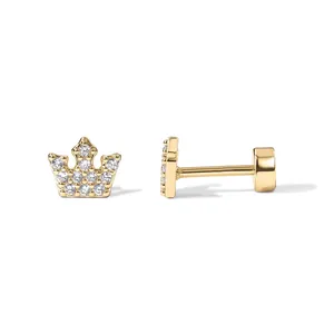 Exquisite gold brass crown stud earrings with sparkling white cubic zirconia micro-pave setting