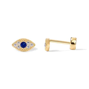Gold plated evil eye stud earrings with blue gemstone and white cubic zirconia accents