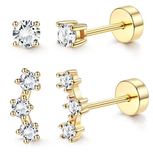 14K Gold Plated Brass Cubic Zirconia Stud Earrings For Women Flat Back Screw Cartilage Piercing Jewelry Multi Style Studs