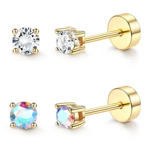Classic 14k gold plated brass stud earrings featuring cubic zirconia and aurora crystals