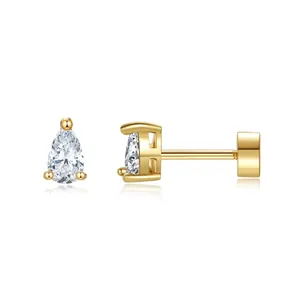 Detailed view of pear-cut zircon earrings with 18k gold plating and three-prong setting
