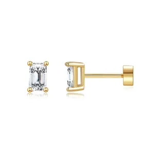 Close-up of gold-plated palm flower stud earrings with emerald-cut cubic zirconia
