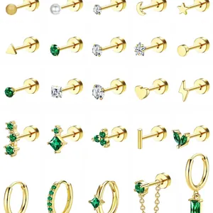 Mode Vergoldete Messing Ohrring Set Für Damen Grüne Zirkonia Künstliche Perlen Ohrstecker Kleine Creolen Schmuck Geschenk