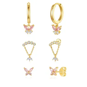 Three-piece gold plated brass butterfly earrings set with pink and white zirconia stones