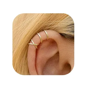 Goldenes Ohrmanschetten-Set aus Messing mit X-Kreuz und dünnen Ringdesigns für Damen
