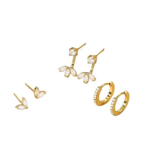 Three-piece set of elegant gold-plated brass earrings with sparkling cubic zirconia stones