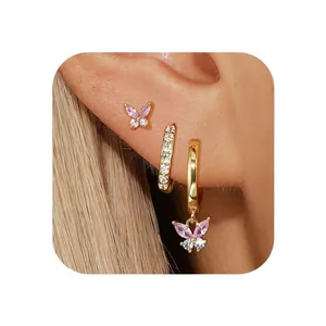 Three-piece set of gold brass butterfly earrings with pink and white zircon stone studs
