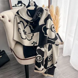 Camellia Pattern Cashmere Like Scarf For Women Black White Large Shawl Thick Winter Warm Wrap Retro Fashion Tassel Scarf
