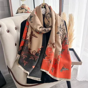 Sciarpa Donna Vintage Stampa Floreale Farfalla Ispessita Scialle Invernale Simil Cachemire Con Nappina Blocchi di Colore Avvolgente Calda