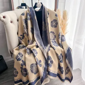 Élégant Châle en Imitation Cachemire Pour Femmes Imprimé Floral Chaîne Double Face Écharpe Hiver Chaude À Pompons
