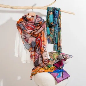 Women's Fashion Printed Satin Scarf Artistic Abstract Shawl Lightweight Sun Protection Neck Wrap Accessory