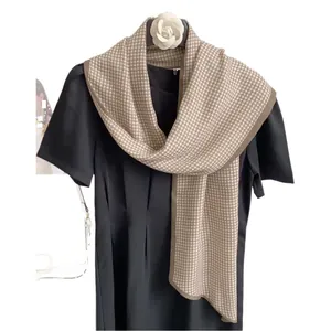 Classic houndstooth satin silk scarf in beige and brown, stylish square fashion neckerchief