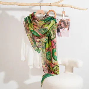 Artistic oil painting print lightweight silk scarf shawl in vibrant green and yellow colors