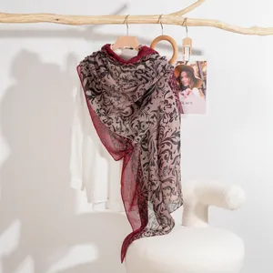 Lightweight vine print scarf with vintage scroll pattern in burgundy and taupe tones