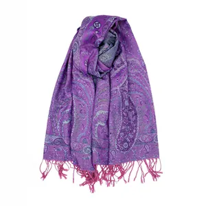 Scialle pashmina jacquard viola con motivo paisley e nappe a frangia per donna