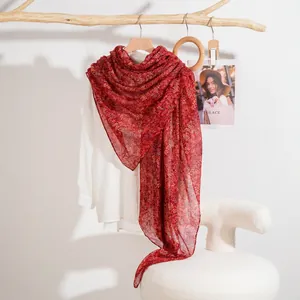 Red floral print lightweight scarf shawl with delicate yellow flower patterns for women
